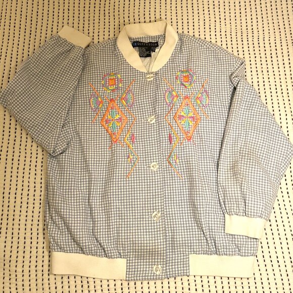 Vintage Women’s IB Diffusion Embroidered Gingham Button-Up – Artsy 80s/90s Style - Picture 7 of 8